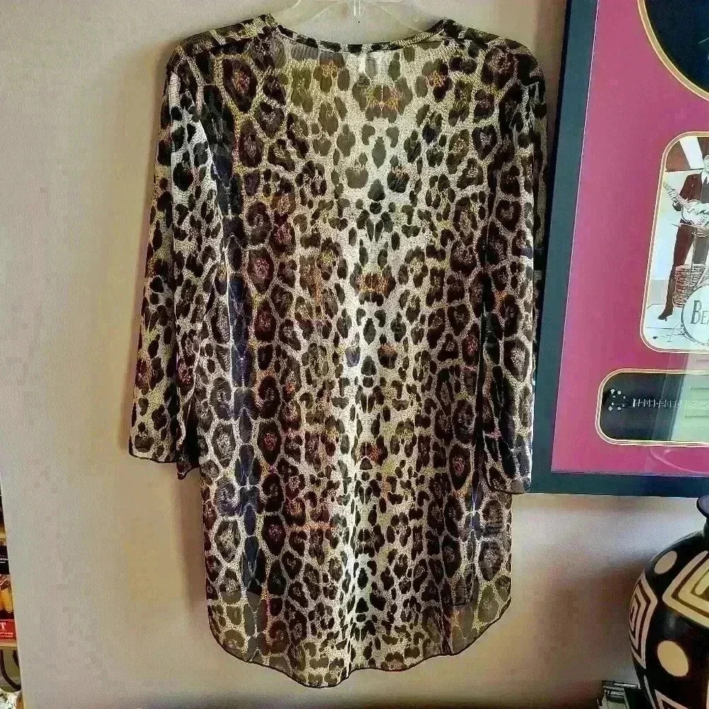 Jordan Taylor Cheetah Animal Print V Neck Translucid Tunic Small 3/4 Sleeve - Picture 3 of 7